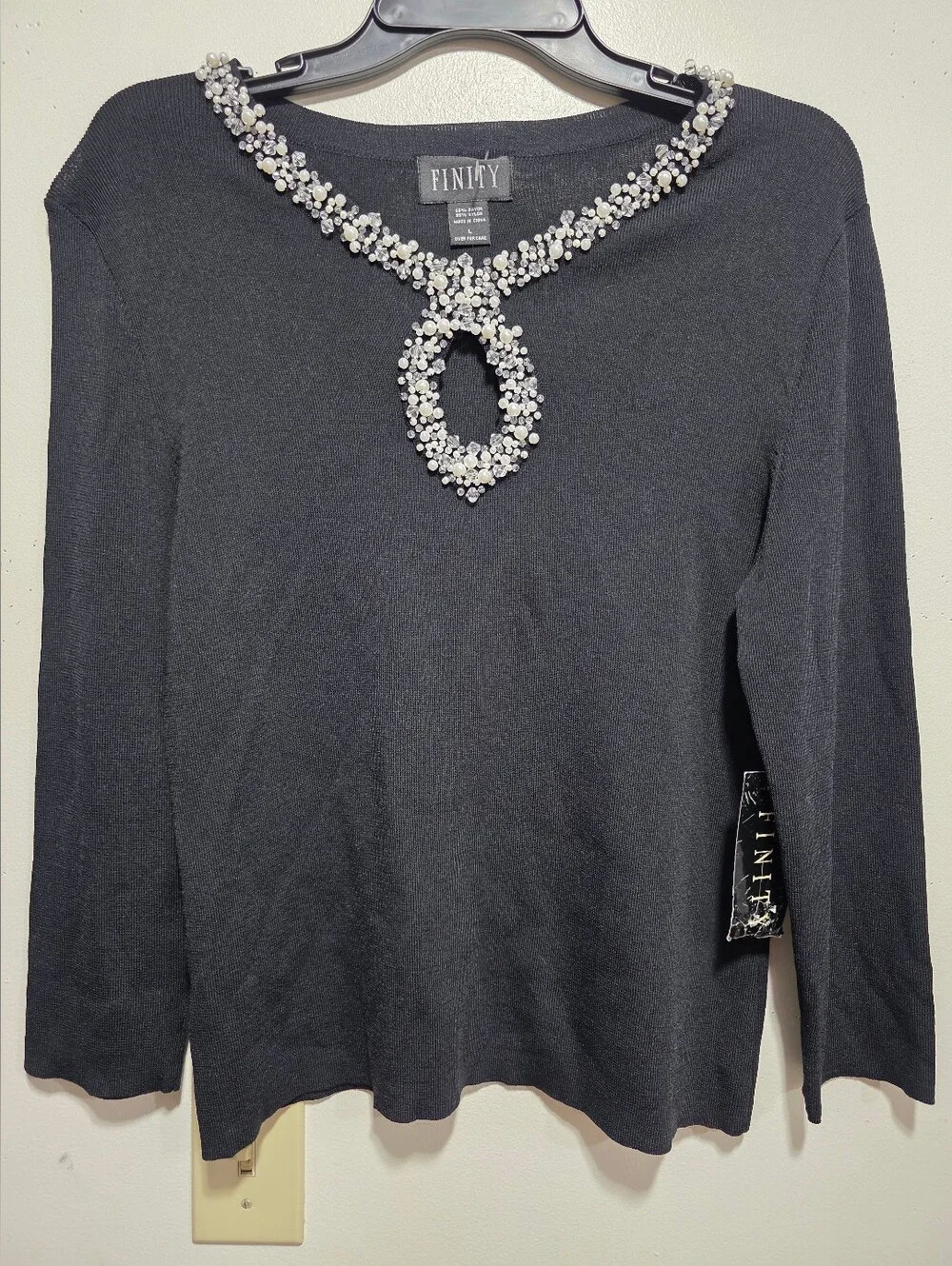 Finity Black Beaded Collar Long Sleeve Sweater Knit Top Rhinestone Pearl L NWT